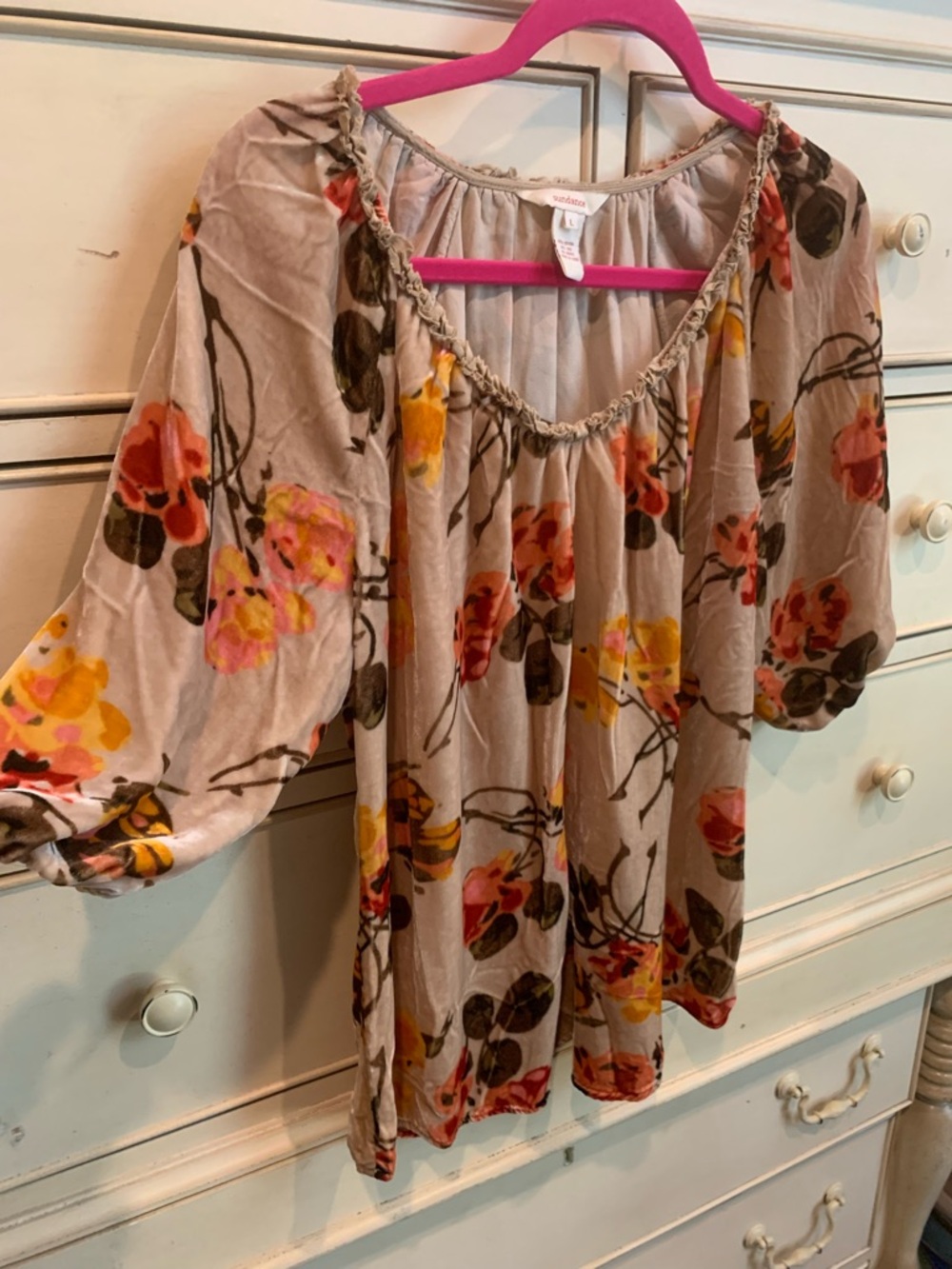 Sundance Taupe Floral Blouse with Pink & Yellow Blooms